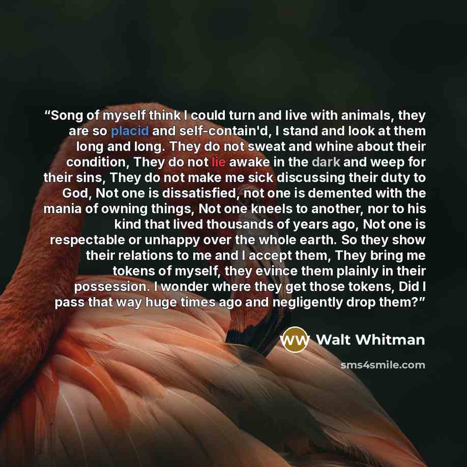 “Song of myself think I could turn and live with animals, they are so placid and self-contain'd, I stand and look at them long and long. They do not sweat and whine about their condition, They do not lie awake in the dark and weep for their sins, They do not make me sick discussing their duty to…” quote by Walt Whitman