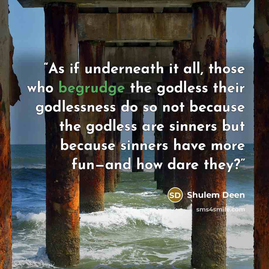 “As if underneath it all, those who begrudge the godless their godlessness do so not because the godless are sinners but because sinners have more fun—and how dare they?” quote by Shulem Deen