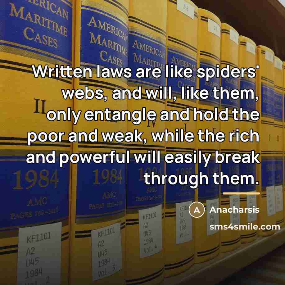 “Written laws are like spiders' webs, and will, like them,…” quote by Anacharsis