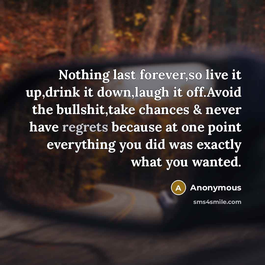 “Nothing last forever,so live it up,drink it down,laugh it off.Avoid the bullshit,take chances & never have regrets because at one point everything you did was exactly what you wanted.” quote by Anonymous