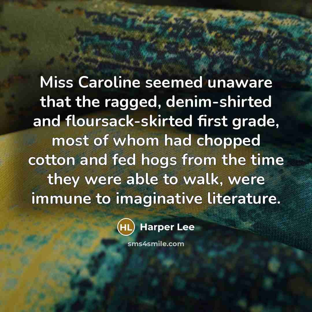 “Miss Caroline seemed unaware that the ragged, denim-shirted and floursack-skirted…” quote by Harper Lee