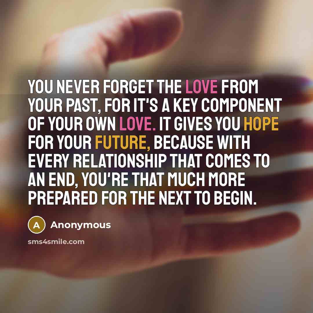 “You never forget the love from your past, for it's a key component of your own love. It gives you hope for your future, because with every relationship that comes to an end, you're that much more prepared for the next to begin.” quote by Anonymous