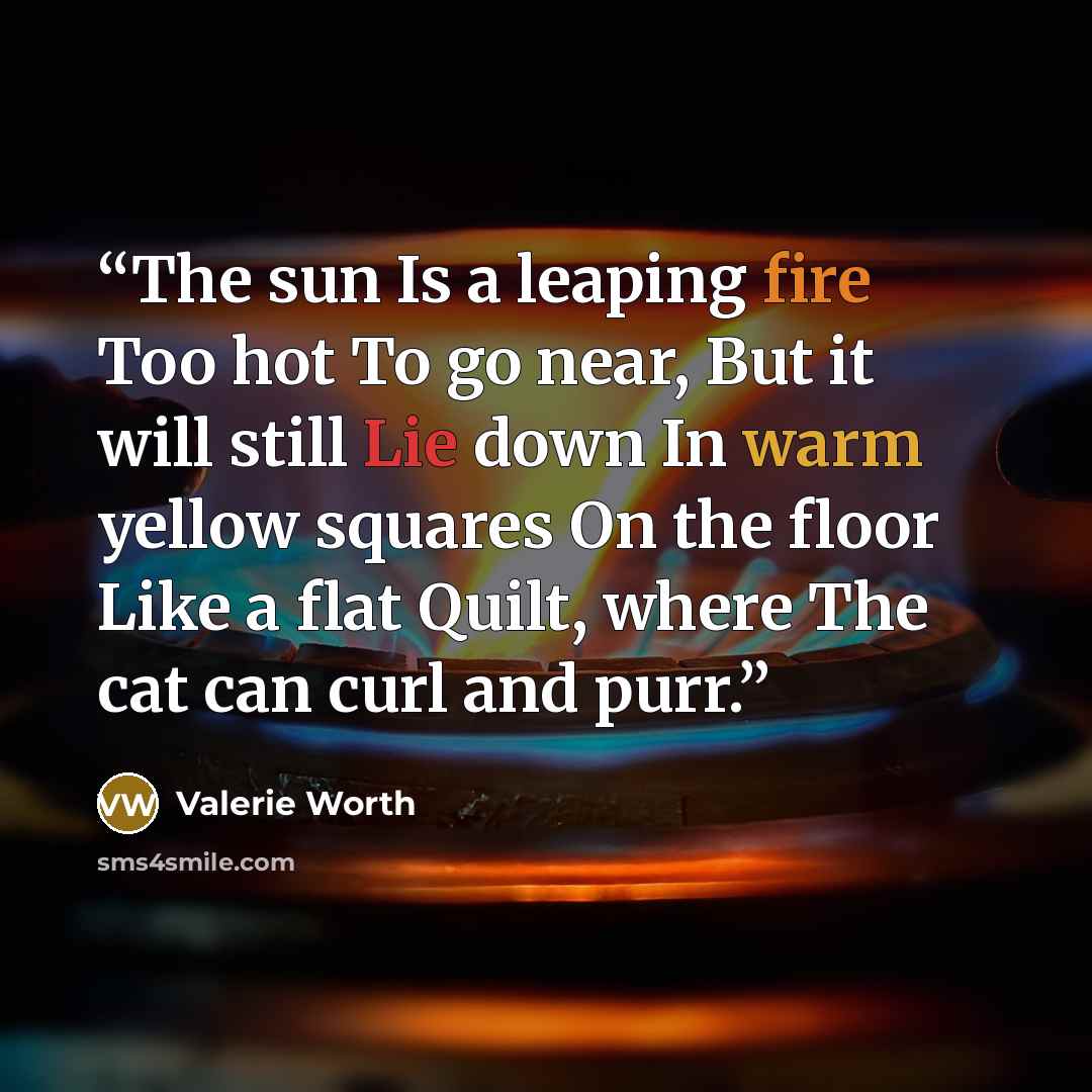 “The sun Is a leaping fire Too hot To go near, But it will still Lie down In warm yellow squares On the floor Like a flat Quilt, where The cat can curl and purr.” quote by Valerie Worth