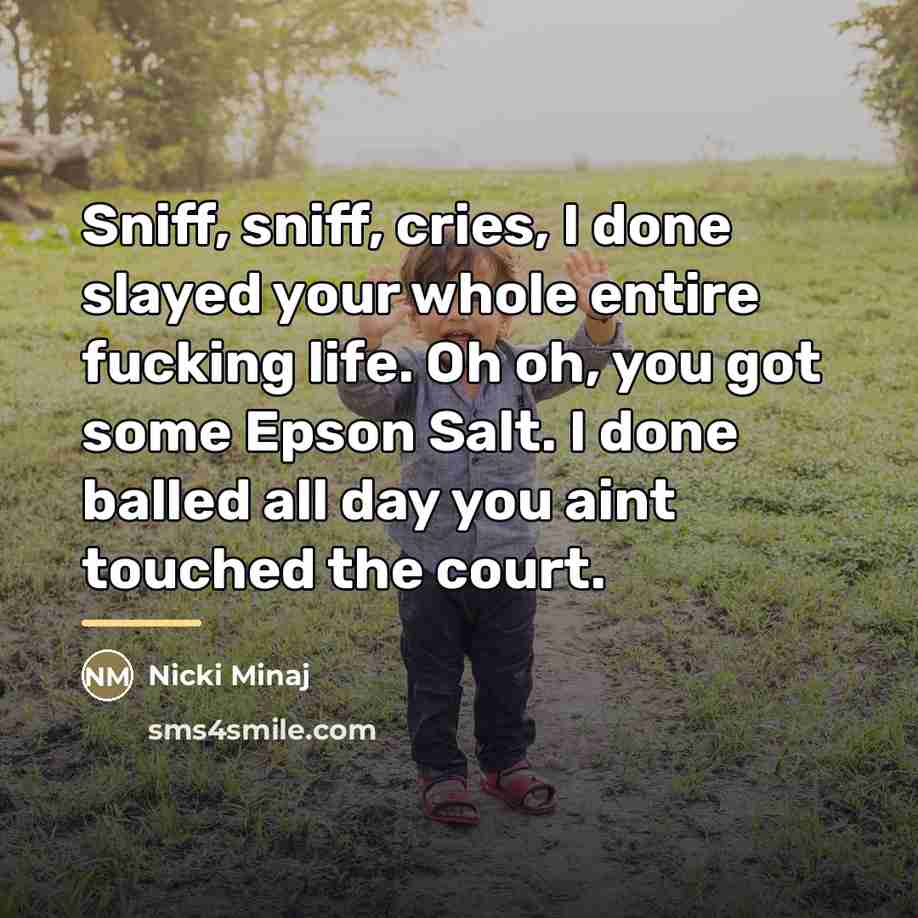 “Sniff, sniff, cries, I done slayed your whole entire fucking…” quote by Nicki Minaj