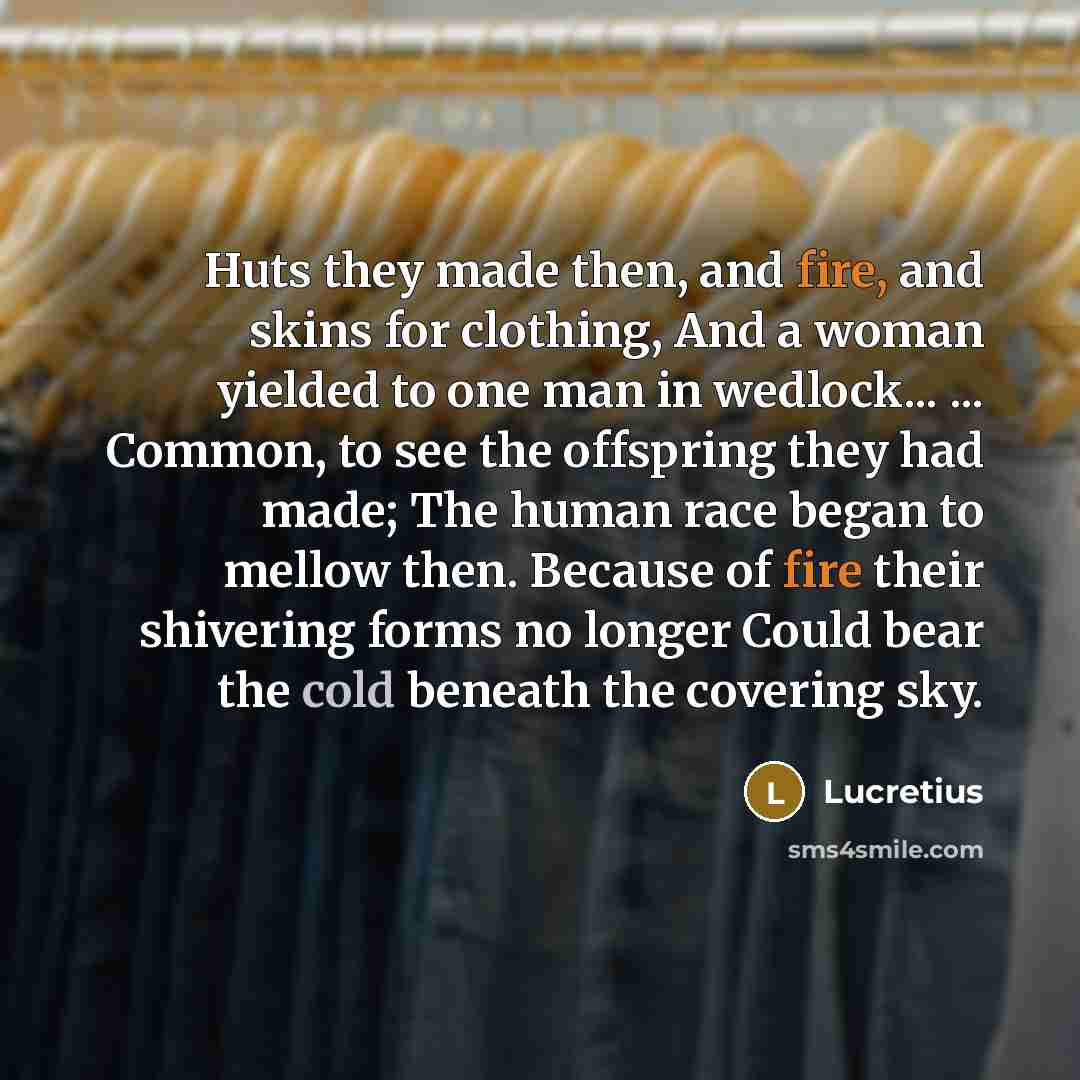 “Huts they made then, and fire, and skins for clothing,…” quote by Lucretius