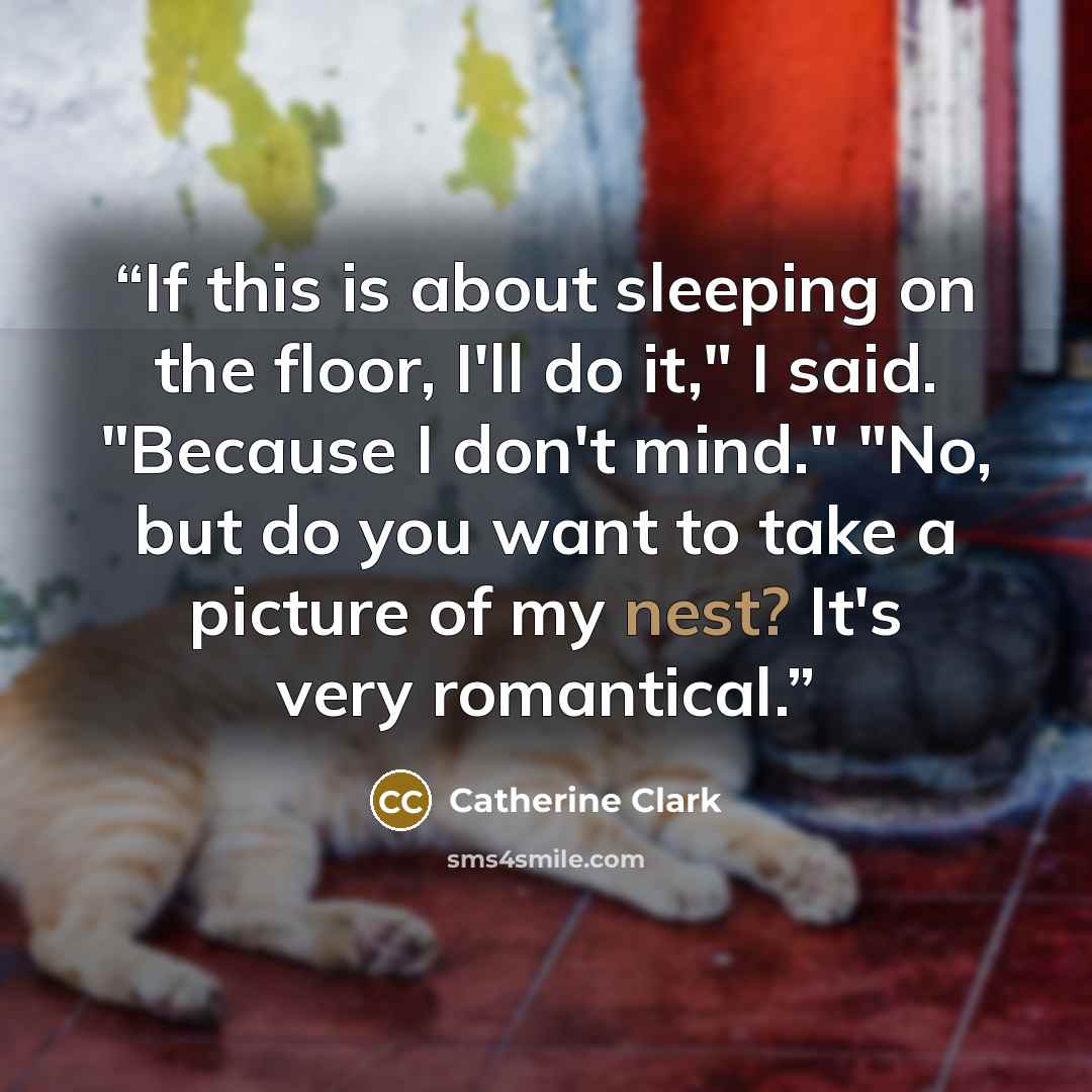 “If this is about sleeping on the floor, I'll do it," I said. "Because I don't mind." "No, but do you want to take a picture of my nest? It's very romantical.” quote by Catherine Clark