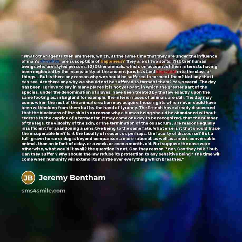 “What other agents then are there, which, at the same time that they are under the influence of man's direction, are susceptible of happiness? They are of two sorts: (1) Other human beings who are styled persons. (2) Other animals, which, on account of their interests having been neglected by the…” quote by Jeremy Bentham