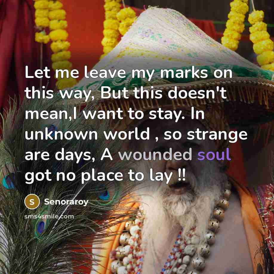 “Let me leave my marks on this way, But this doesn't mean,I want to stay. In unknown world , so strange are days, A wounded soul got no place to lay !!” quote by Senoraroy