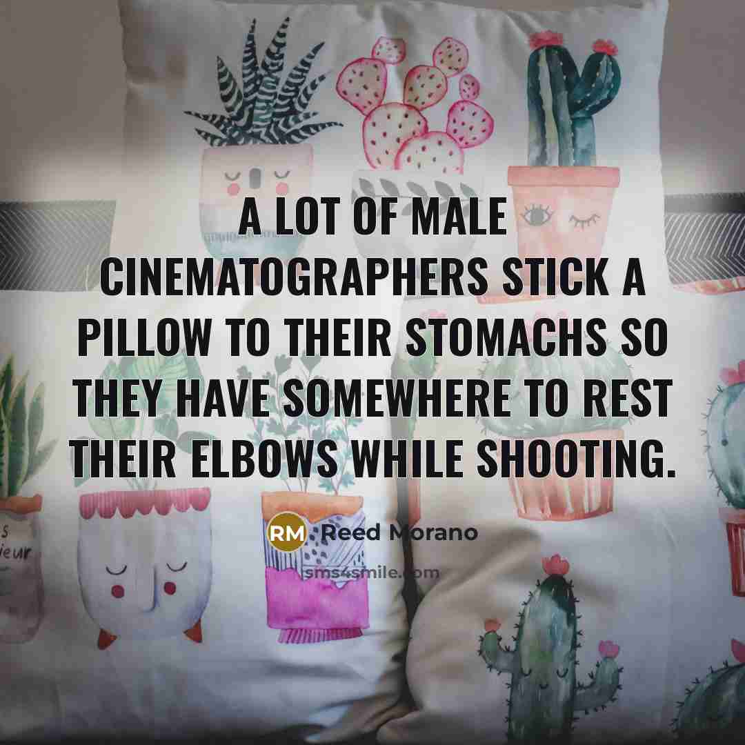 “A lot of male cinematographers stick a pillow to their stomachs so they have somewhere to rest their elbows while shooting.” quote by Reed Morano