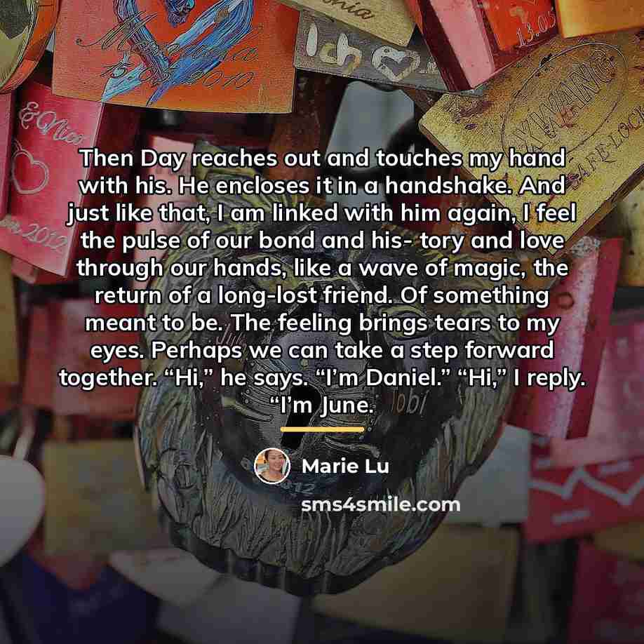 “Then Day reaches out and touches my hand with his.…” quote by Marie Lu