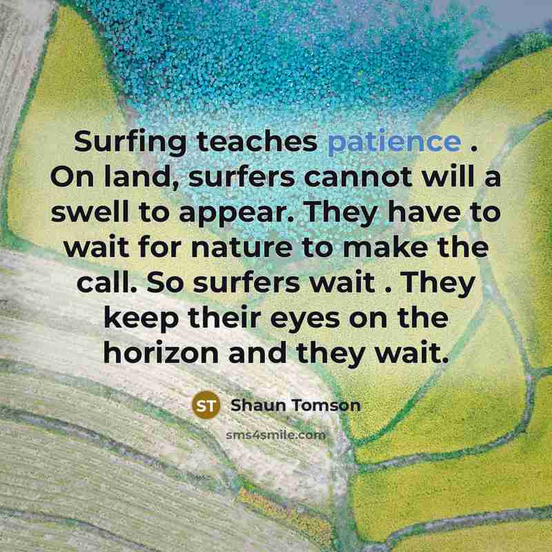 “Surfing teaches patience . On land, surfers cannot will a…” quote by Shaun Tomson
