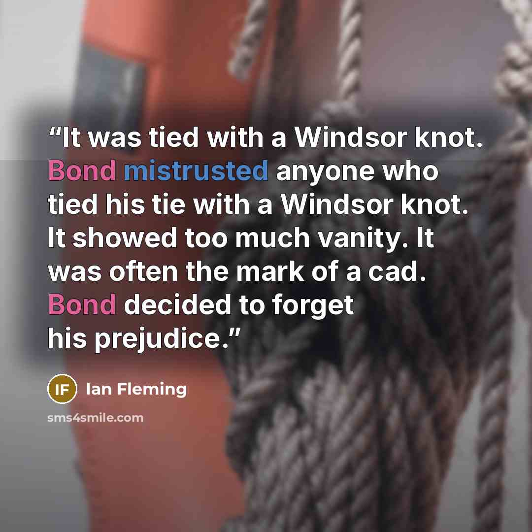 “It was tied with a Windsor knot. Bond mistrusted anyone who tied his tie with a Windsor knot. It showed too much vanity. It was often the mark of a cad. Bond decided to forget his prejudice.” quote by Ian Fleming