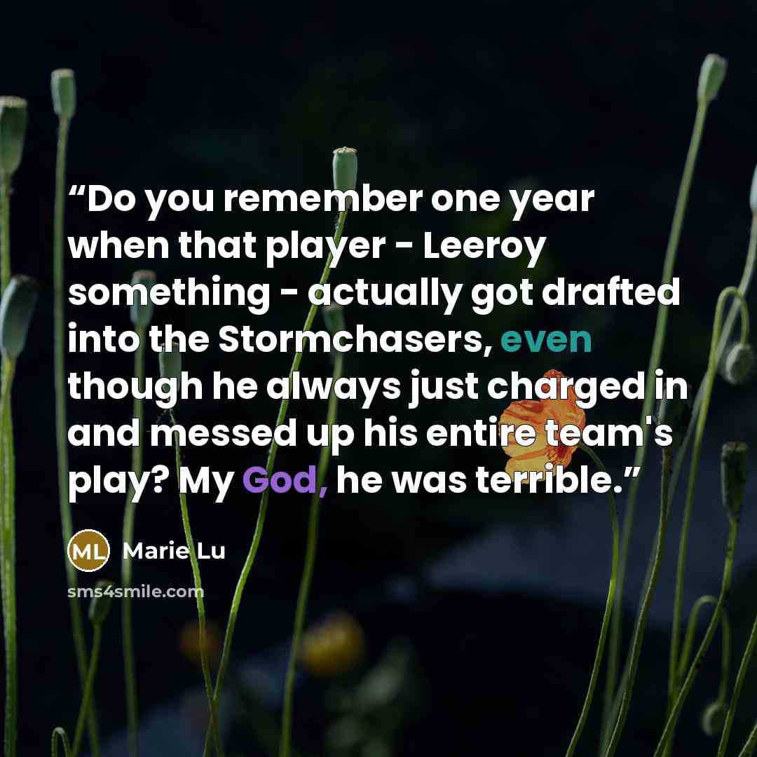 “Do you remember one year when that player - Leeroy something - actually got drafted into the Stormchasers, even though he always just charged in and messed up his entire team's play? My God, he was terrible.” quote by Marie Lu
