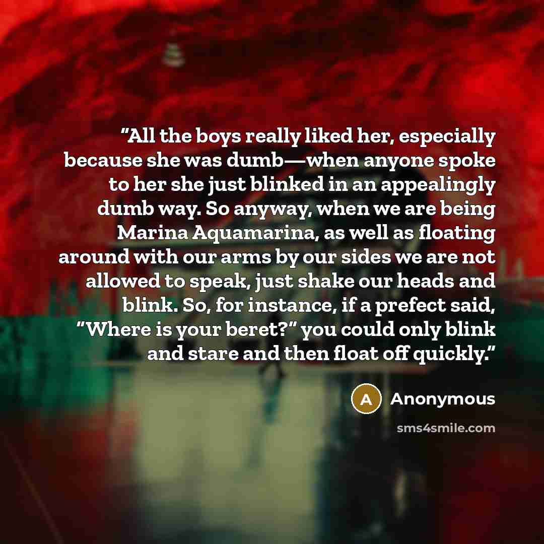 “All the boys really liked her, especially because she was dumb—when anyone spoke to her she just blinked in an appealingly dumb way. So anyway, when we are being Marina Aquamarina, as well as floating around with our arms by our sides we are not allowed to speak, just shake our heads and blink…” quote by Anonymous