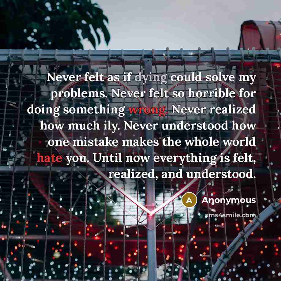 “Never felt as if dying could solve my problems. Never felt so horrible for doing something wrong. Never realized how much ily. Never understood how one mistake makes the whole world hate you. Until now everything is felt, realized, and understood.” quote by Anonymous
