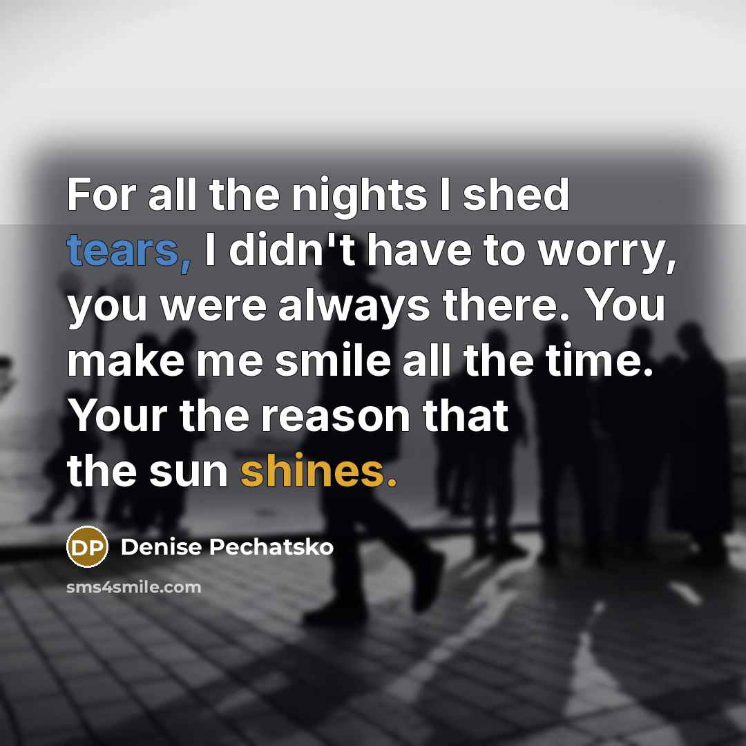 “For all the nights I shed tears, I didn't have to worry, you were always there. You make me smile all the time. Your the reason that the sun shines.” quote by Denise Pechatsko