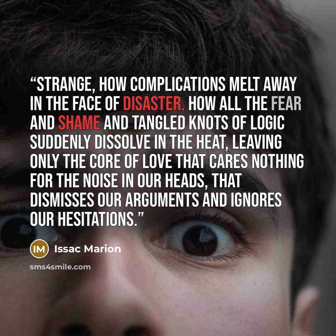 “Strange, how complications melt away in the face of disaster. How all the fear and shame and tangled knots of logic suddenly dissolve in the heat, leaving only the core of love that cares nothing for the noise in our heads, that dismisses our arguments and ignores our hesitations.” quote by Issac Marion