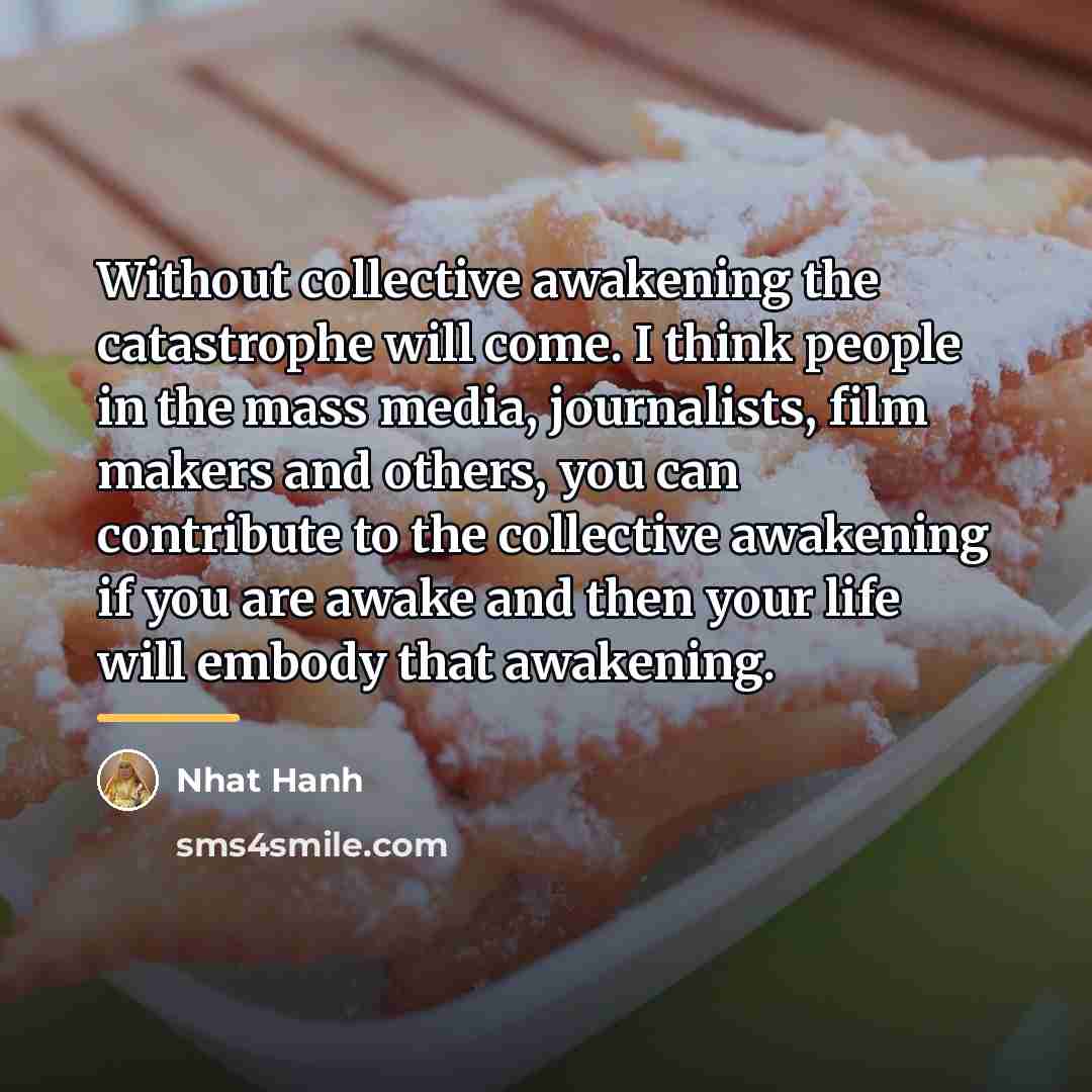 “Without collective awakening the catastrophe will come. I think people…” quote by Nhat Hanh