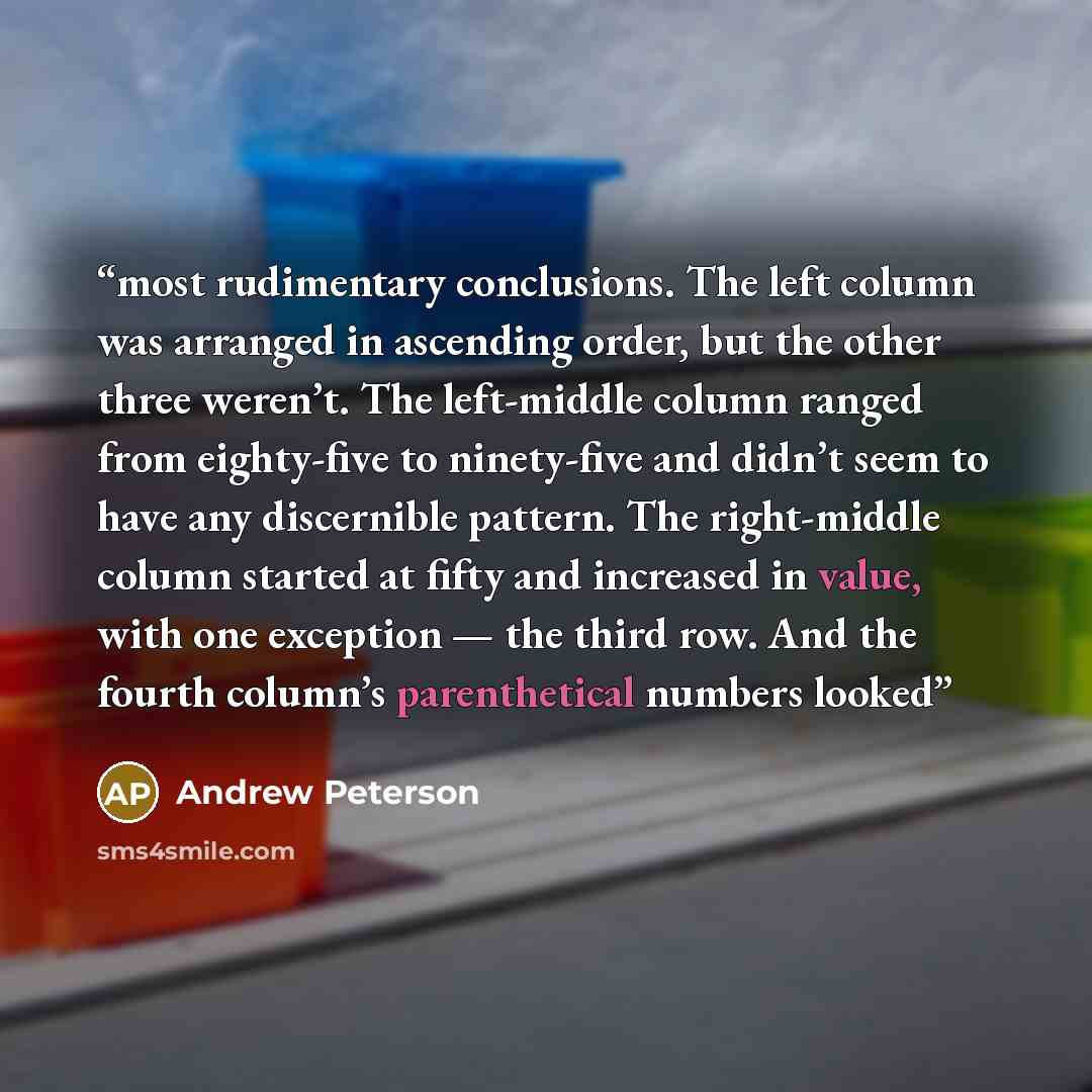 “most rudimentary conclusions. The left column was arranged in ascending order, but the other three weren’t. The left-middle column ranged from eighty-five to ninety-five and didn’t seem to have any discernible pattern. The right-middle column started at fifty and increased in value, with one…” quote by Andrew Peterson