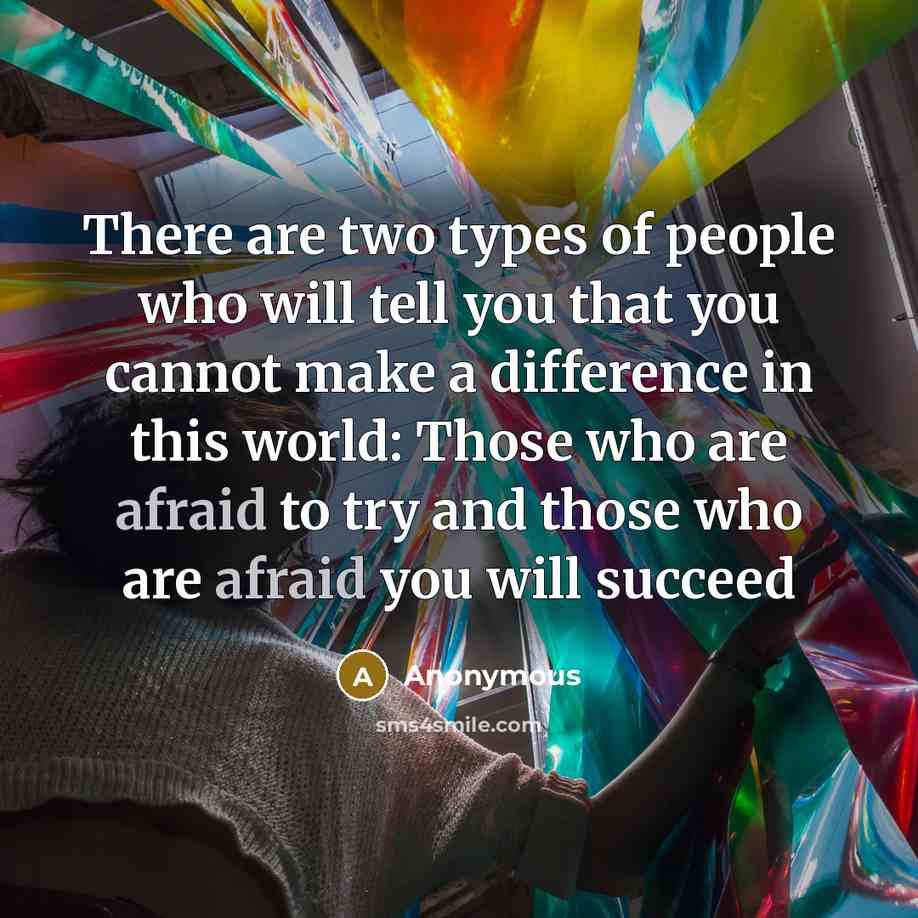“There are two types of people who will tell you that you cannot make a difference in this world: Those who are afraid to try and those who are afraid you will succeed” quote by Anonymous