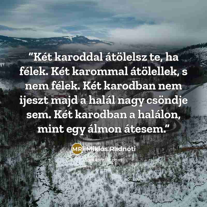“Két karoddal átölelsz te, ha félek. Két karommal átölellek, s nem félek. Két karodban nem ijeszt majd a halál nagy csöndje sem. Két karodban a halálon, mint egy álmon átesem.” quote by Miklós Radnóti