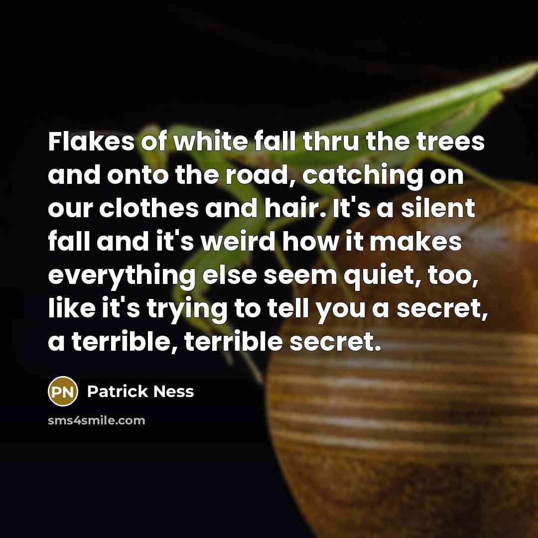 “Flakes of white fall thru the trees and onto the…” quote by Patrick Ness