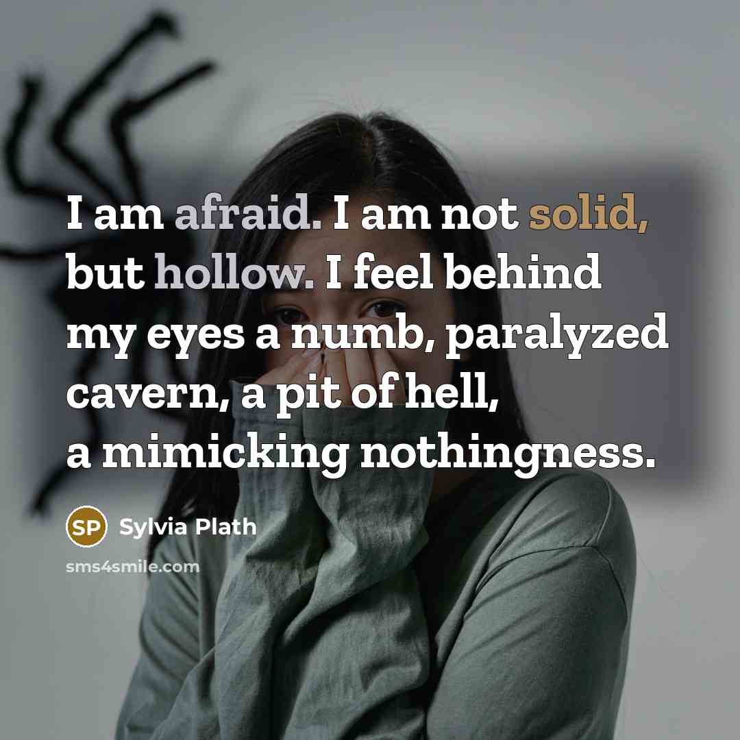 “I am afraid. I am not solid, but hollow. I feel behind my eyes a numb, paralyzed cavern, a pit of hell, a mimicking nothingness.” quote by Sylvia Plath