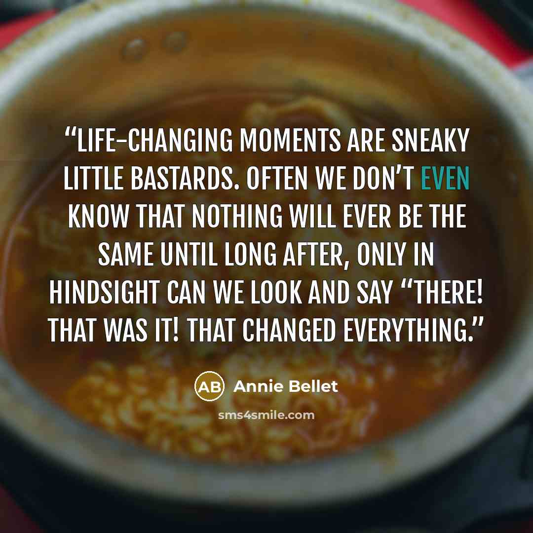 “Life-changing moments are sneaky little bastards. Often we don’t even know that nothing will ever be the same until long after, only in hindsight can we look and say “There! That was it! That changed everything.” quote by Annie Bellet