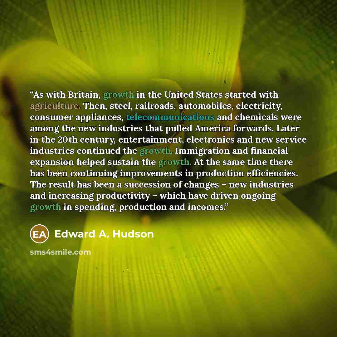 “As with Britain, growth in the United States started with agriculture. Then, steel, railroads, automobiles, electricity, consumer appliances, telecommunications and chemicals were among the new industries that pulled America forwards. Later in the 20th century, entertainment, electronics and new…” quote by Edward A. Hudson