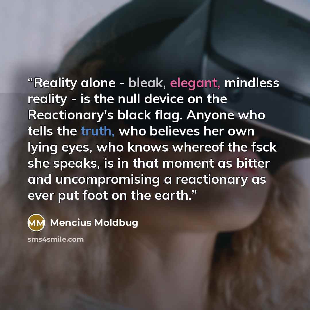 “Reality alone - bleak, elegant, mindless reality - is the null device on the Reactionary's black flag. Anyone who tells the truth, who believes her own lying eyes, who knows whereof the fsck she speaks, is in that moment as bitter and uncompromising a reactionary as ever put foot on the earth.” quote by Mencius Moldbug