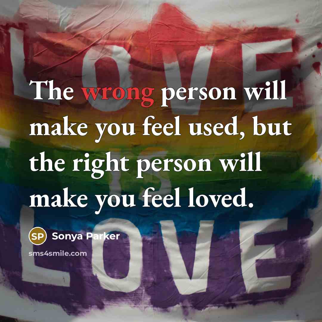 “The wrong person will make you feel used, but the…” quote by Sonya Parker