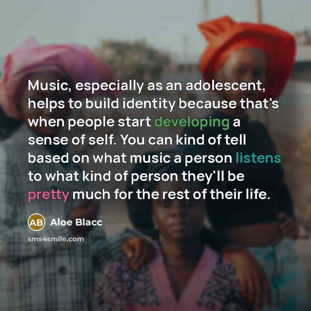 “Music, especially as an adolescent, helps to build identity because that's when people start developing a sense of self. You can kind of tell based on what music a person listens to what kind of person they'll be pretty much for the rest of their life.” quote by Aloe Blacc