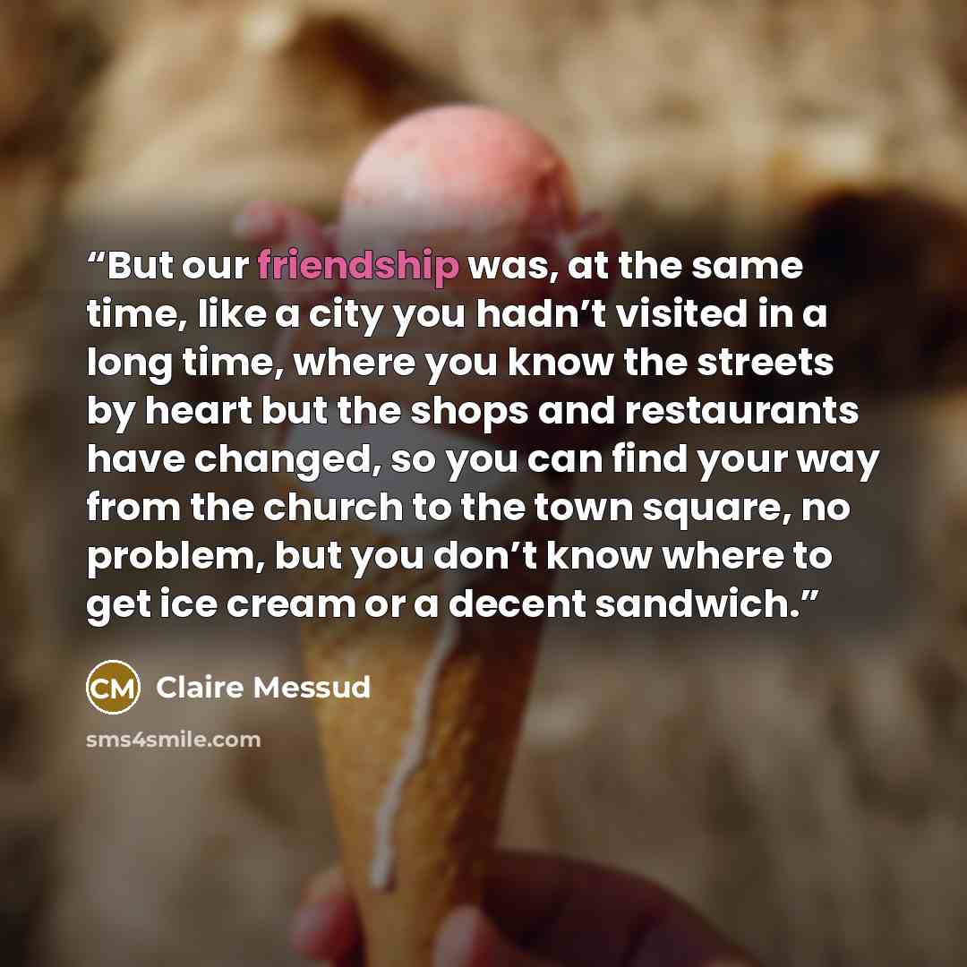 “But our friendship was, at the same time, like a city you hadn’t visited in a long time, where you know the streets by heart but the shops and restaurants have changed, so you can find your way from the church to the town square, no problem, but you don’t know where to get ice cream or a decent…” quote by Claire Messud