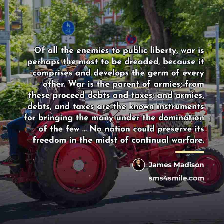 “Of all the enemies to public liberty, war is perhaps…” quote by James Madison