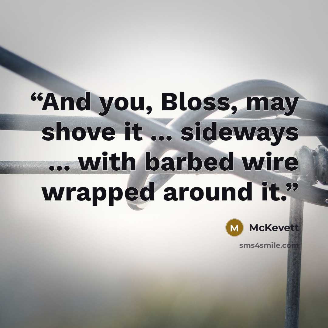 “And you, Bloss, may shove it ... sideways ... with barbed wire wrapped around it.” quote by McKevett
