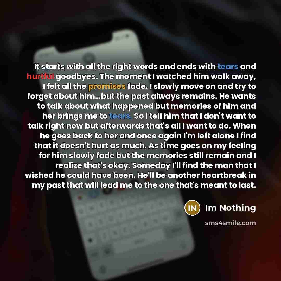 “It starts with all the right words and ends with tears and hurtful goodbyes. The moment I watched him walk away, I felt all the promises fade. I slowly move on and try to forget about him…but the past always remains. He wants to talk about what happened but memories of him and her brings me to…” quote by Im Nothing