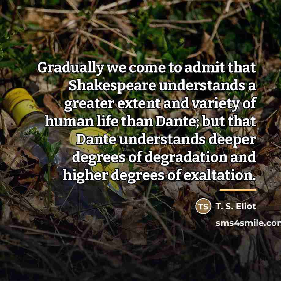 “Gradually we come to admit that Shakespeare understands a greater…” quote by T. S. Eliot