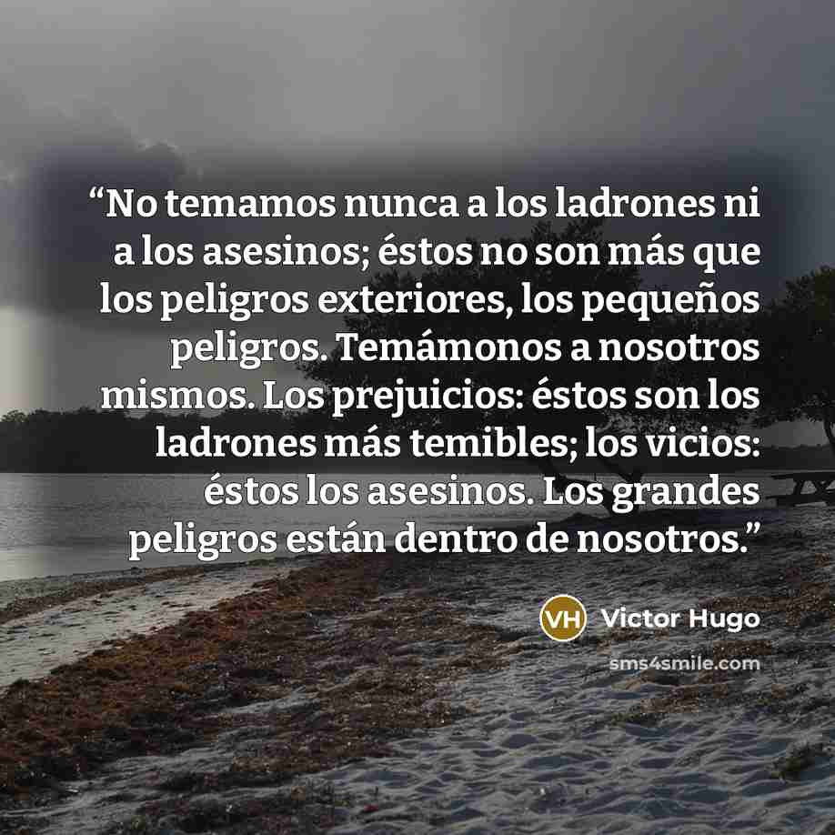 “No temamos nunca a los ladrones ni a los asesinos; éstos no son más que los peligros exteriores, los pequeños peligros. Temámonos a nosotros mismos. Los prejuicios: éstos son los ladrones más temibles; los vicios: éstos los asesinos. Los grandes peligros están dentro de nosotros.” quote by Victor Hugo