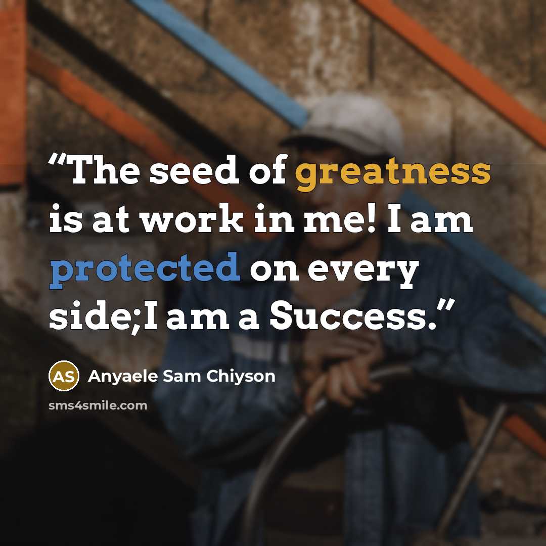 “The seed of greatness is at work in me! I am protected on every side;I am a Success.” quote by Anyaele Sam Chiyson