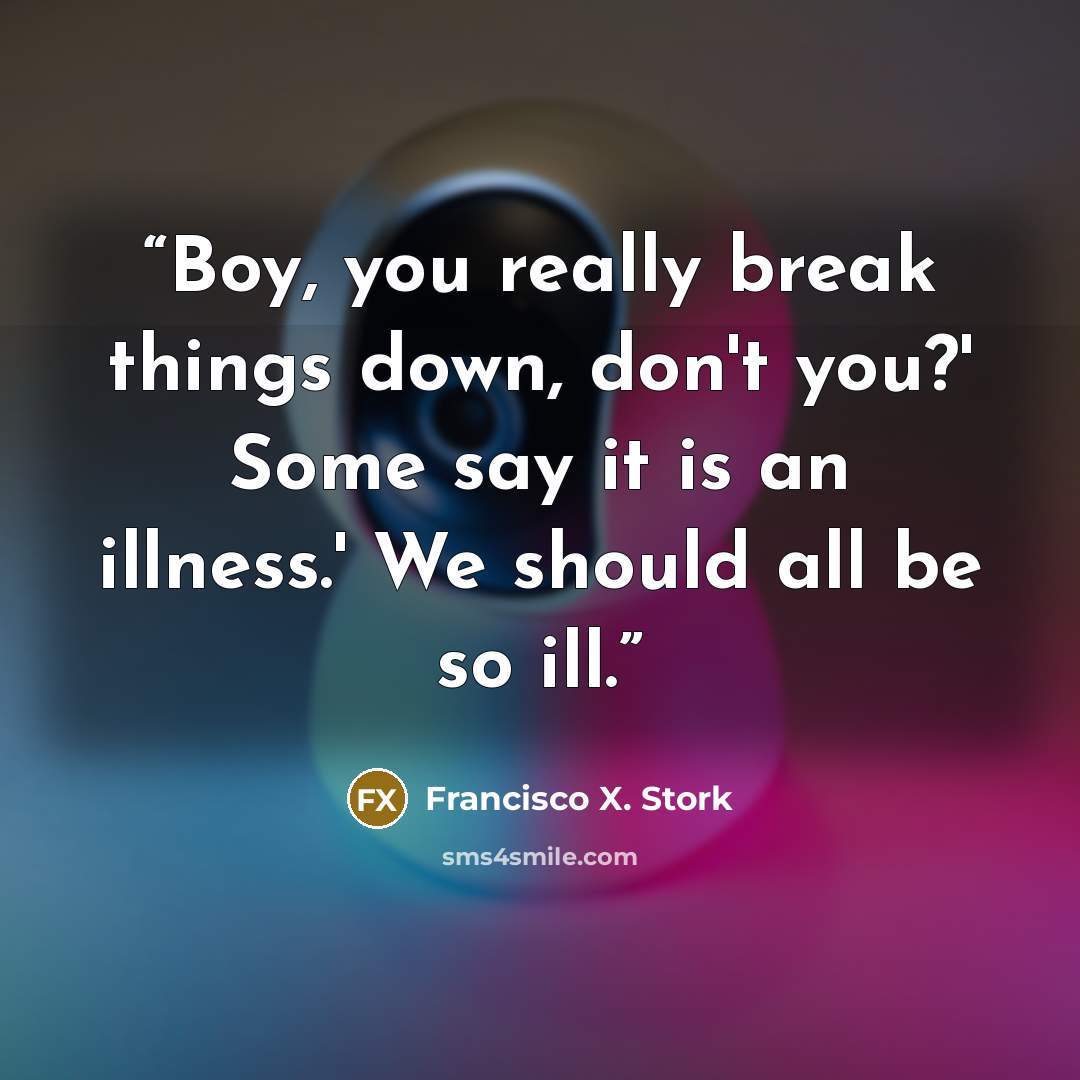 “Boy, you really break things down, don't you?' Some say it is an illness.' We should all be so ill.” quote by Francisco X. Stork