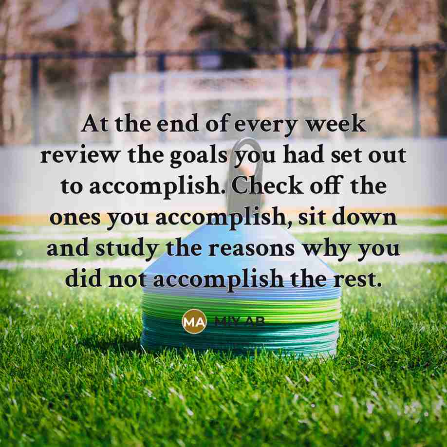 “At the end of every week review the goals you…” quote by MlY AB