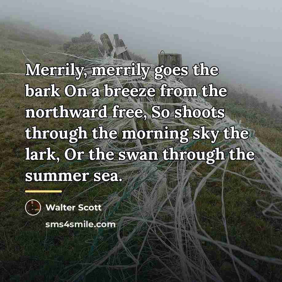 “Merrily, merrily goes the bark On a breeze from the…” quote by Walter Scott