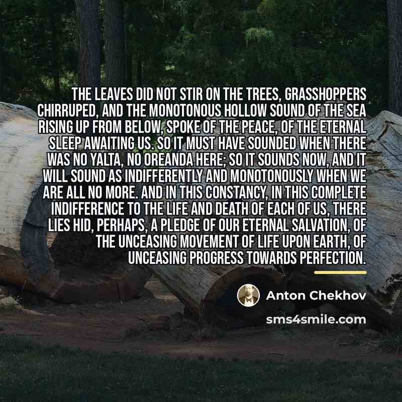 “The leaves did not stir on the trees, grasshoppers chirruped,…” quote by Anton Chekhov