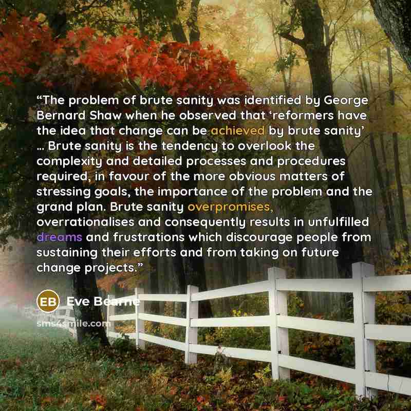 “The problem of brute sanity was identified by George Bernard Shaw when he observed that ‘reformers have the idea that change can be achieved by brute sanity’ … Brute sanity is the tendency to overlook the complexity and detailed processes and procedures required, in favour of the more obvious…” quote by Eve Bearne