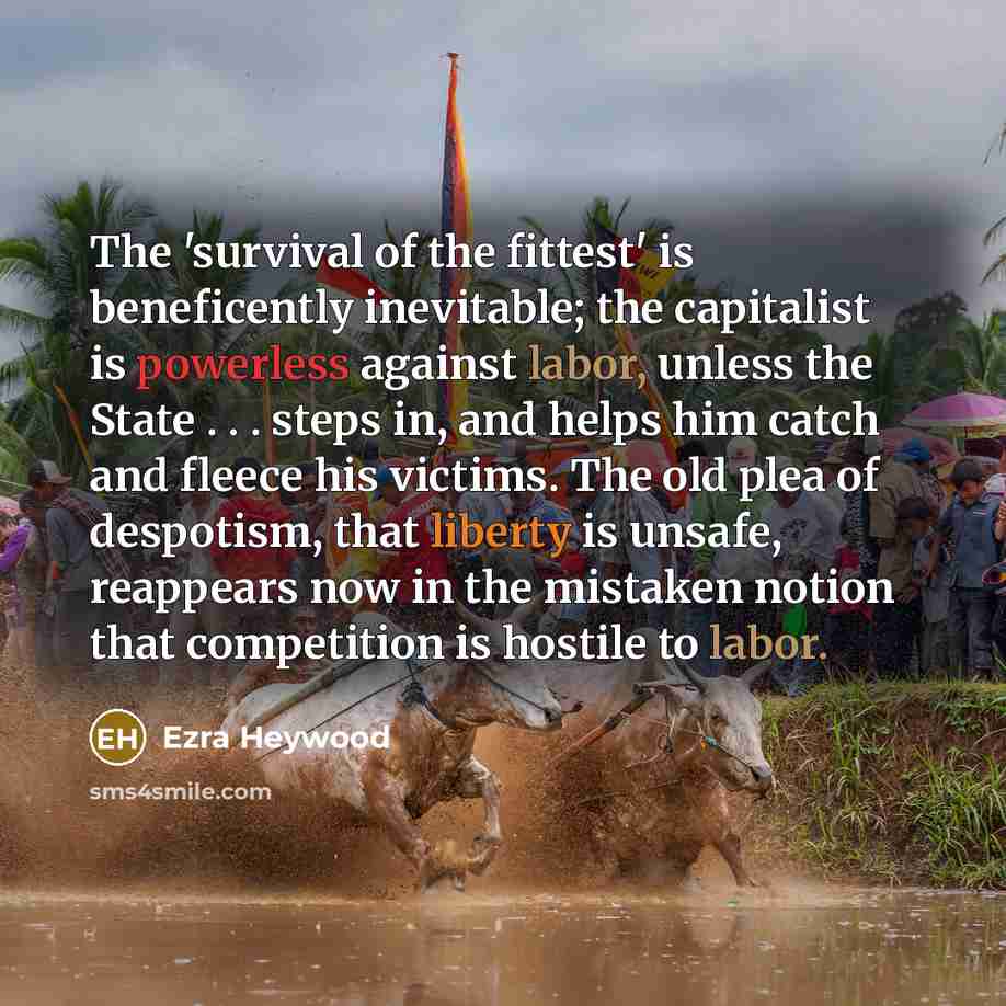 “The 'survival of the fittest' is beneficently inevitable; the capitalist…” quote by Ezra Heywood