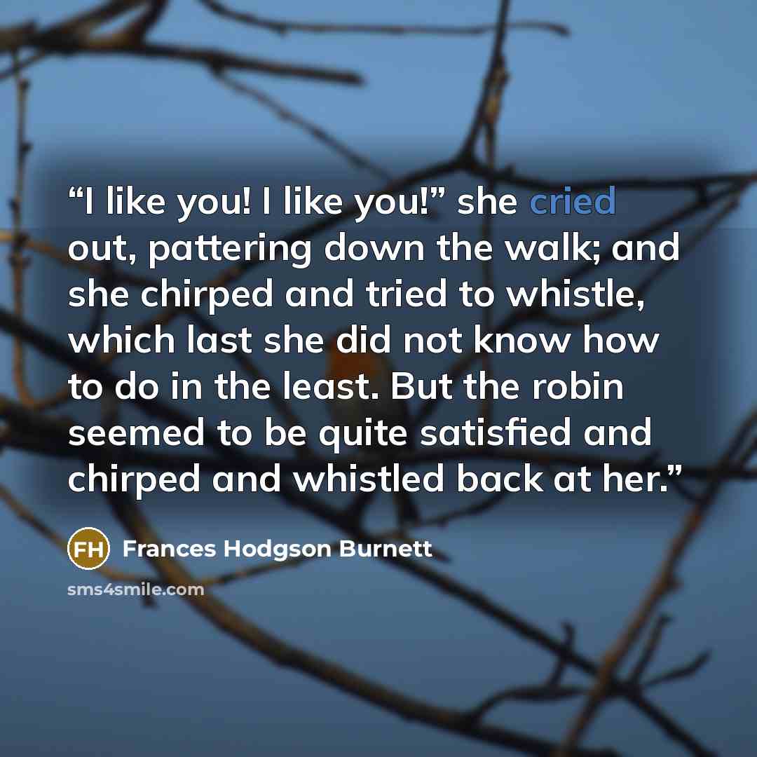 “I like you! I like you!” she cried out, pattering down the walk; and she chirped and tried to whistle, which last she did not know how to do in the least. But the robin seemed to be quite satisfied and chirped and whistled back at her.” quote by Frances Hodgson Burnett