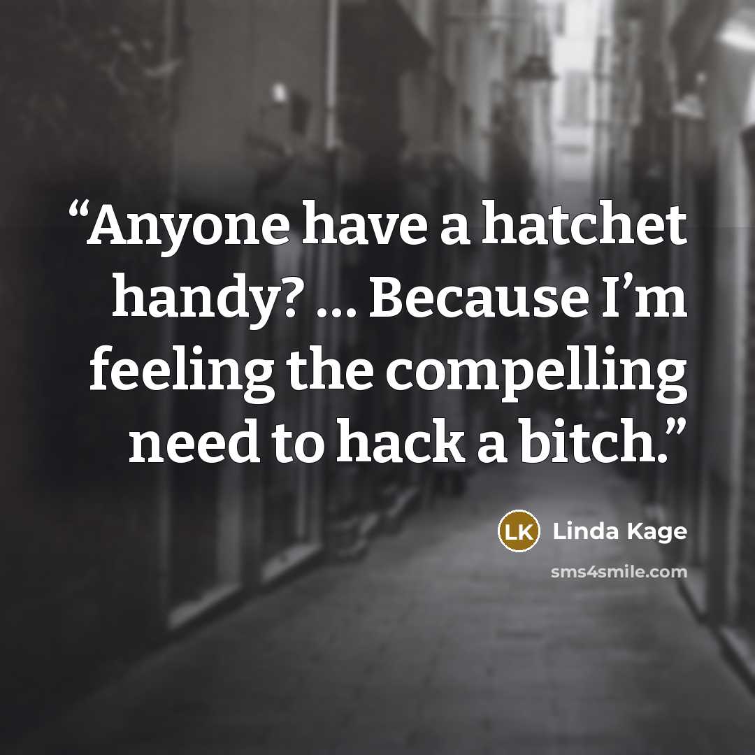 “Anyone have a hatchet handy? … Because I’m feeling the compelling need to hack a bitch.” quote by Linda Kage