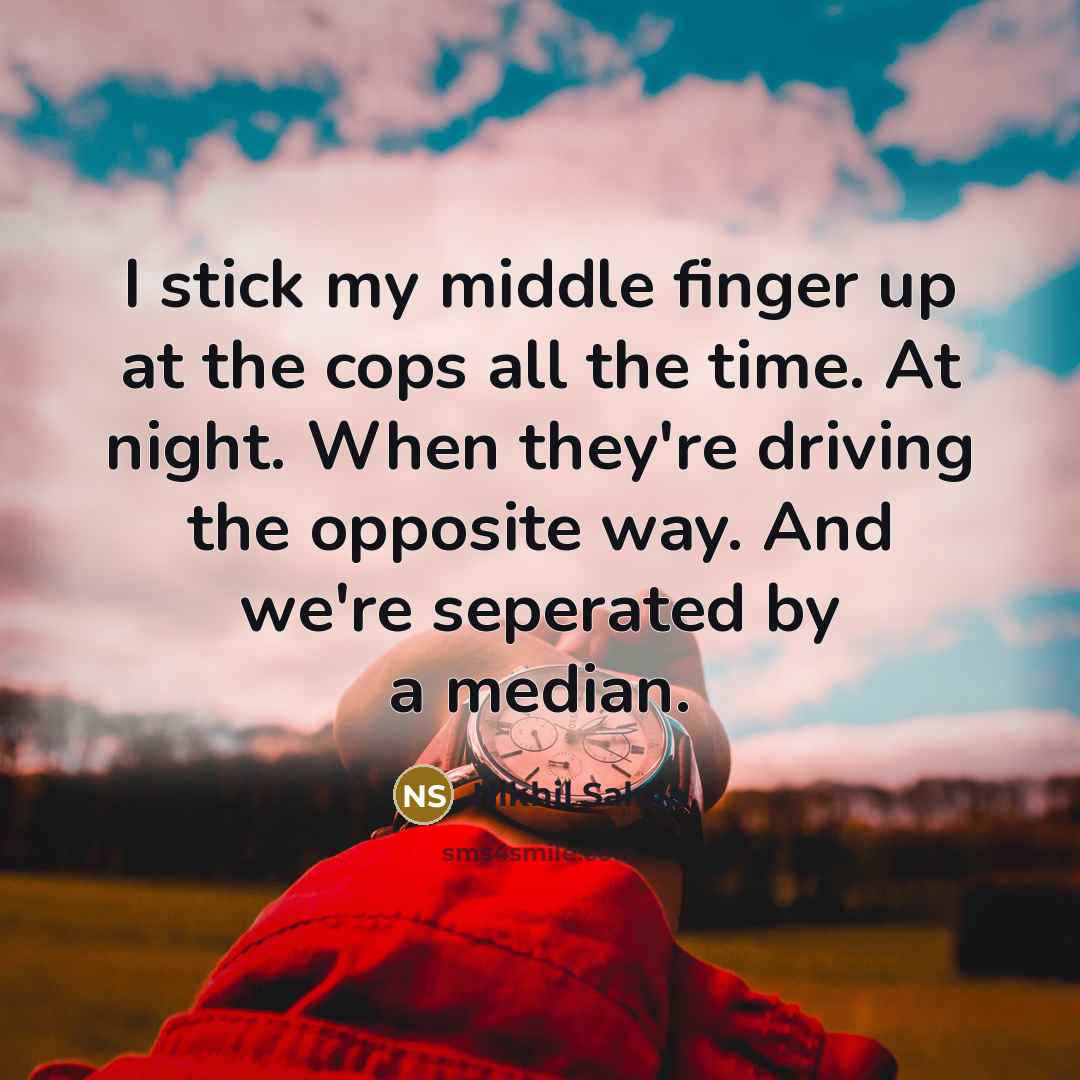 “I stick my middle finger up at the cops all the time. At night. When they're driving the opposite way. And we're seperated by a median.” quote by Nikhil Saluja