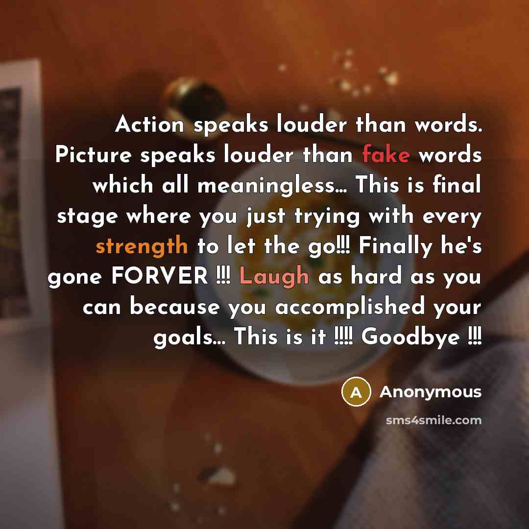 “Action speaks louder than words. Picture speaks louder than fake words which all meaningless... This is final stage where you just trying with every strength to let the go!!! Finally he's gone FORVER !!! Laugh as hard as you can because you accomplished your goals… This is it !!!! Goodbye !!!” quote by Anonymous