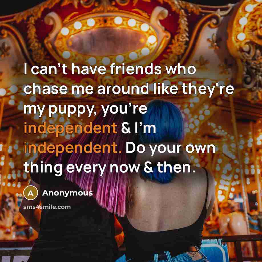 “I can't have friends who chase me around like they're my puppy, you're independent & I'm independent. Do your own thing every now & then.” quote by Anonymous